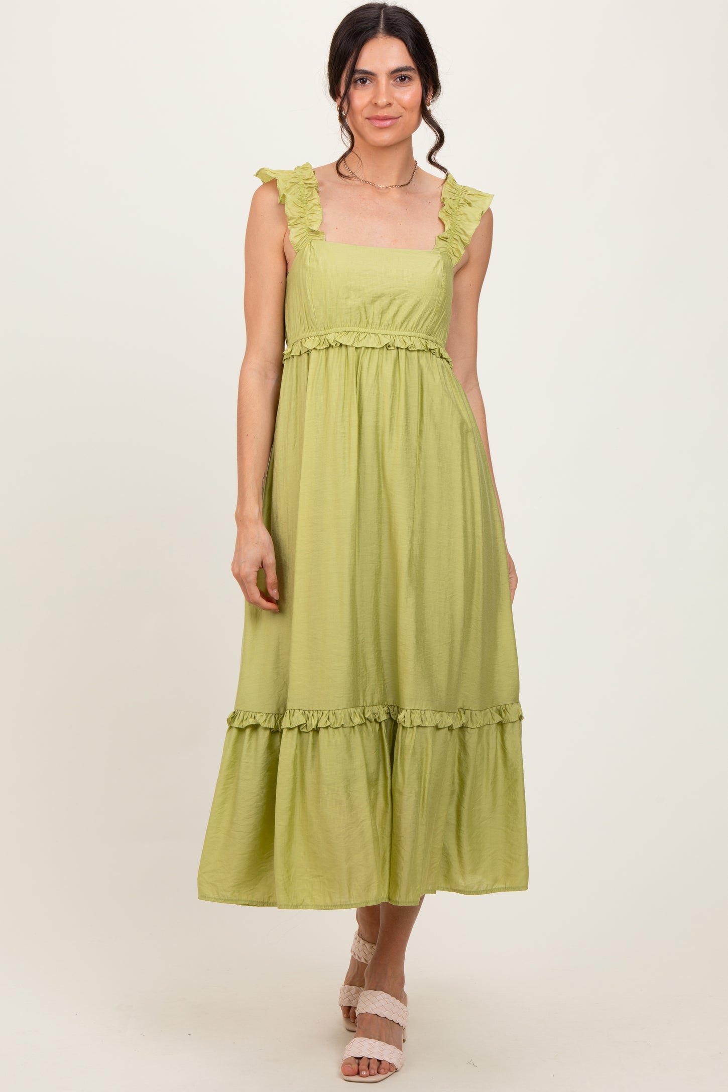 Lime Ruffle Strap Square Neck Midi Dress