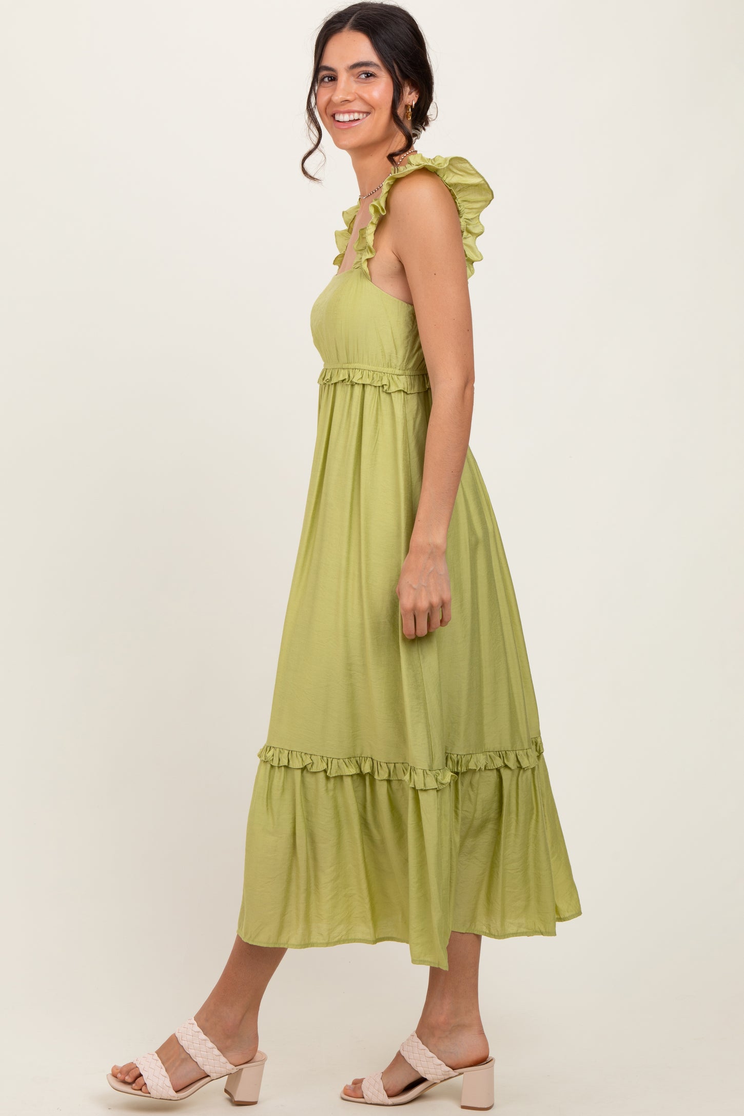 Lime Ruffle Strap Square Neck Midi Dress