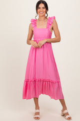 Pink Ruffle Strap Square Neck Midi Dress