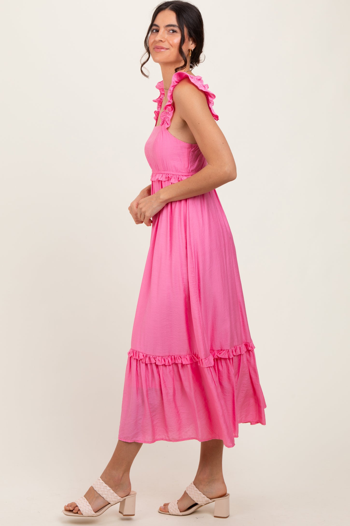 Pink Ruffle Strap Square Neck Midi Dress