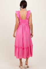 Pink Ruffle Strap Square Neck Midi Dress
