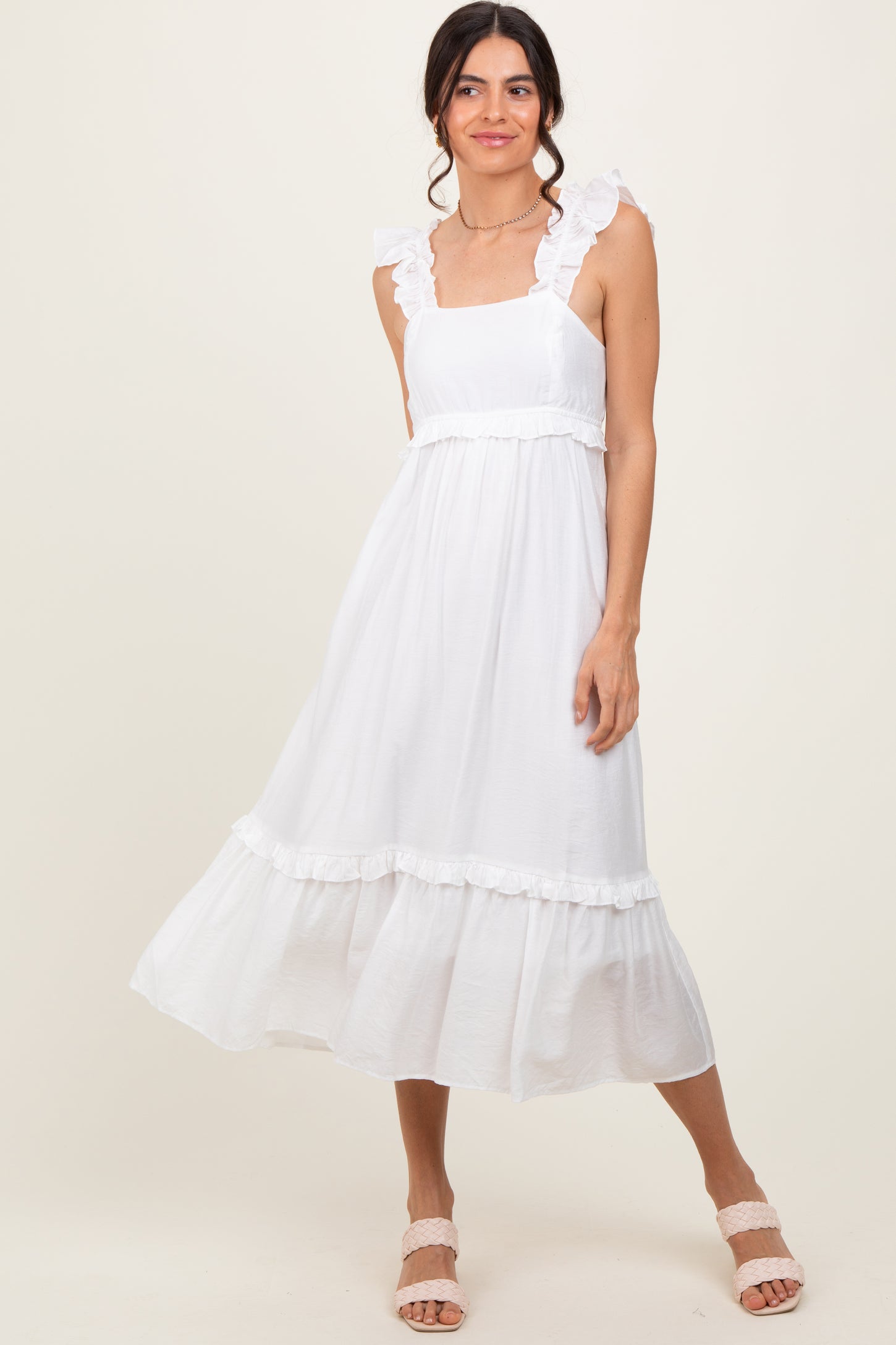 White Ruffle Strap Square Neck Midi Dress