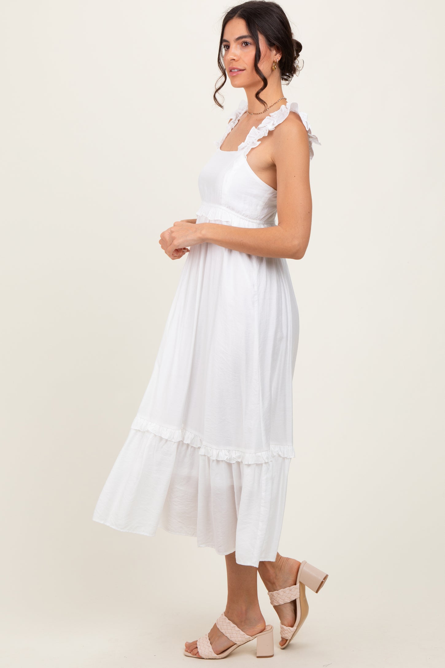 White Ruffle Strap Square Neck Midi Dress
