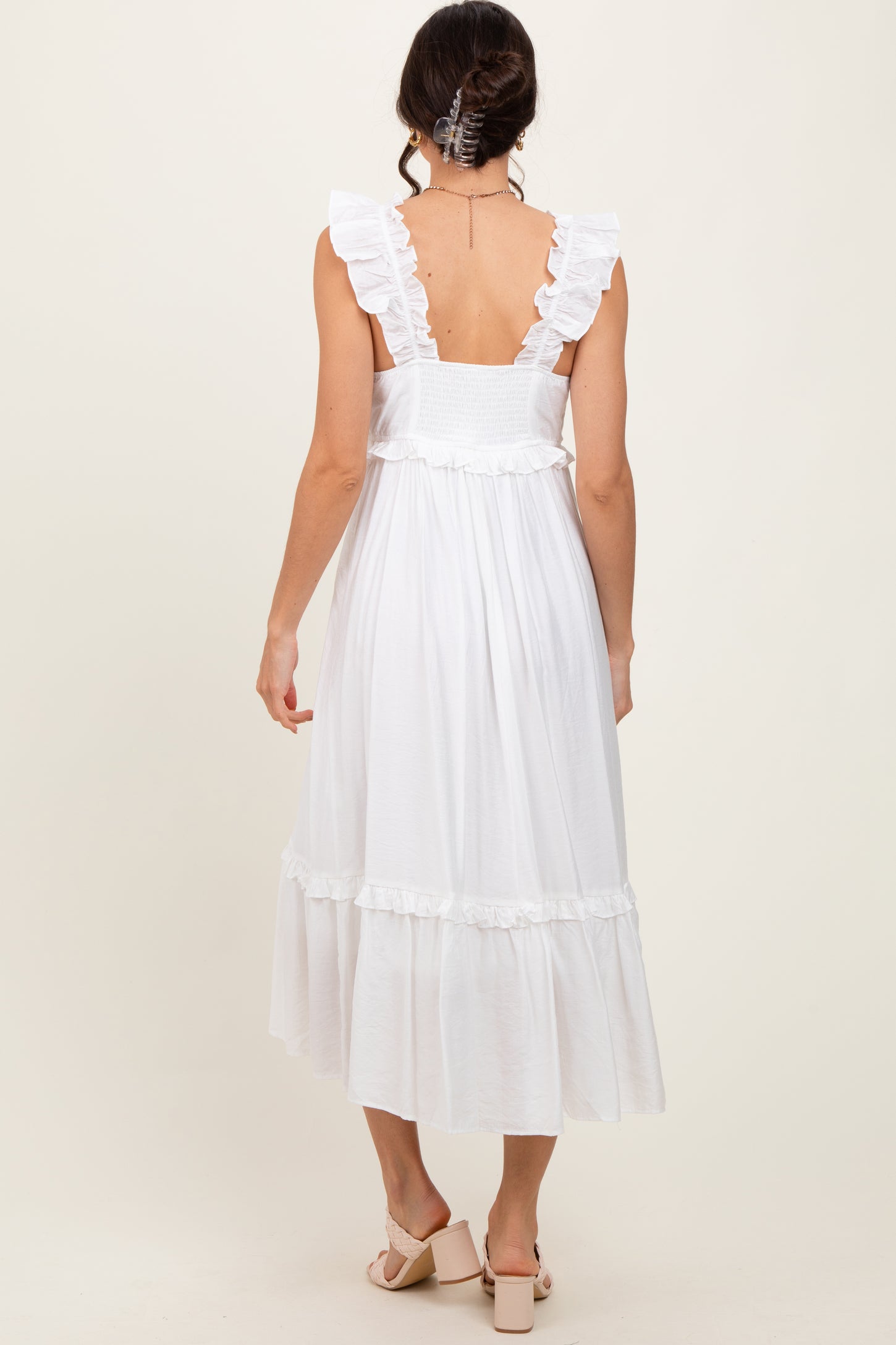 White Ruffle Strap Square Neck Midi Dress