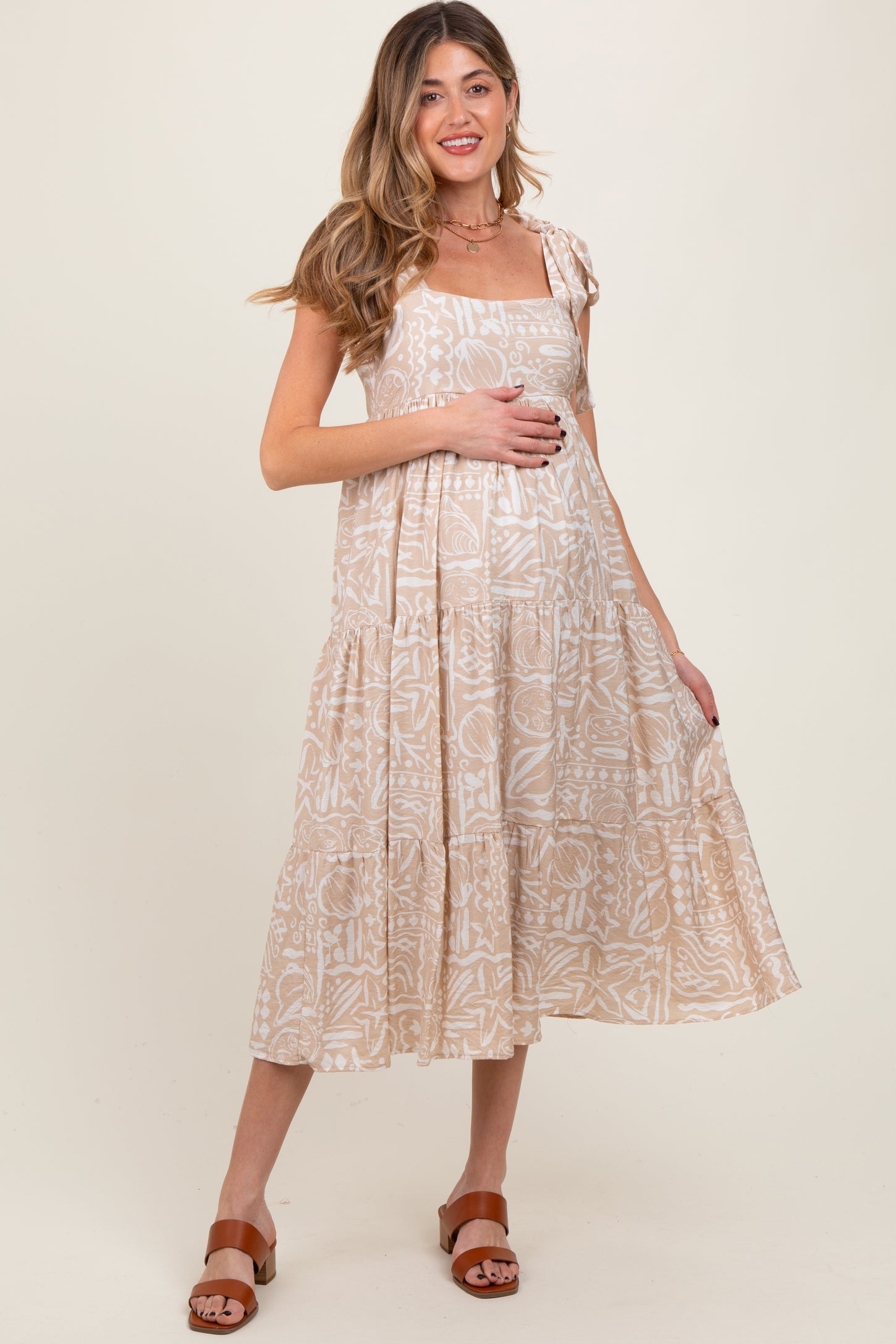 Beige Printed Tie Strap Tiered Maternity Midi Dress