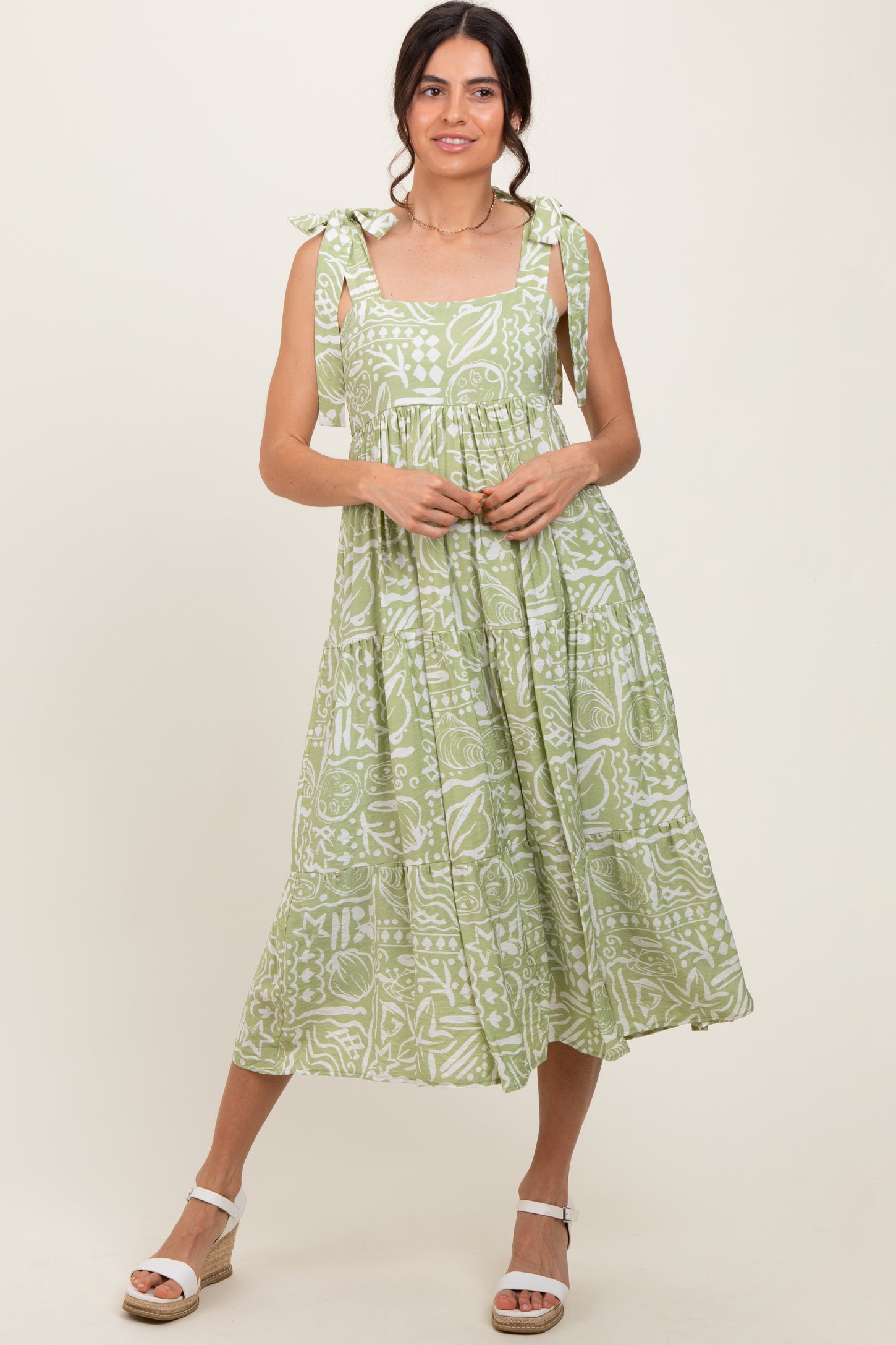 Light Olive Printed Tie Strap Tiered Midi Dress