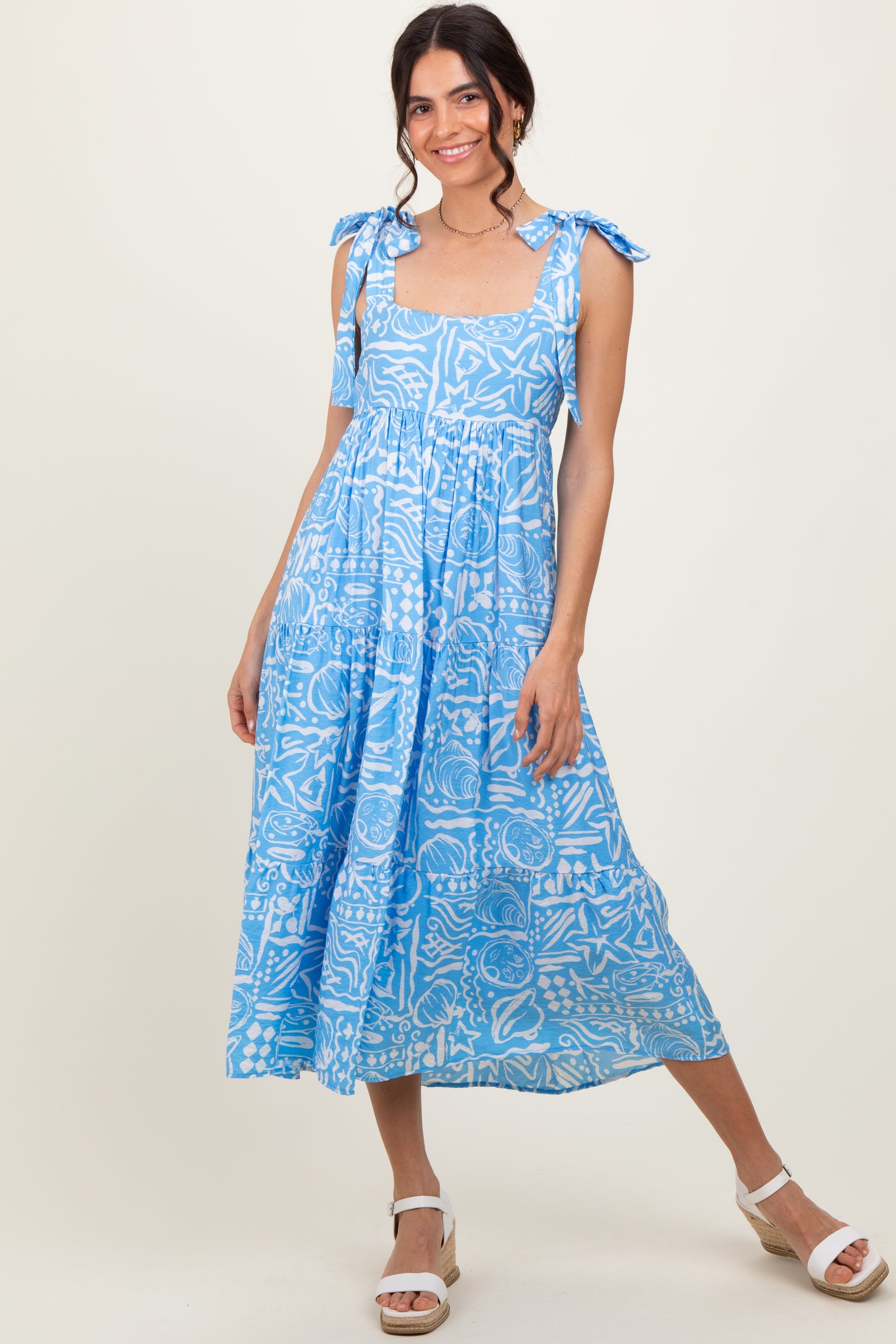 Light Blue Printed Tie Strap Tiered Maternity Midi Dress