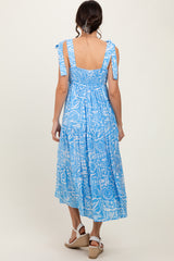 Light Blue Printed Tie Strap Tiered Midi Dress