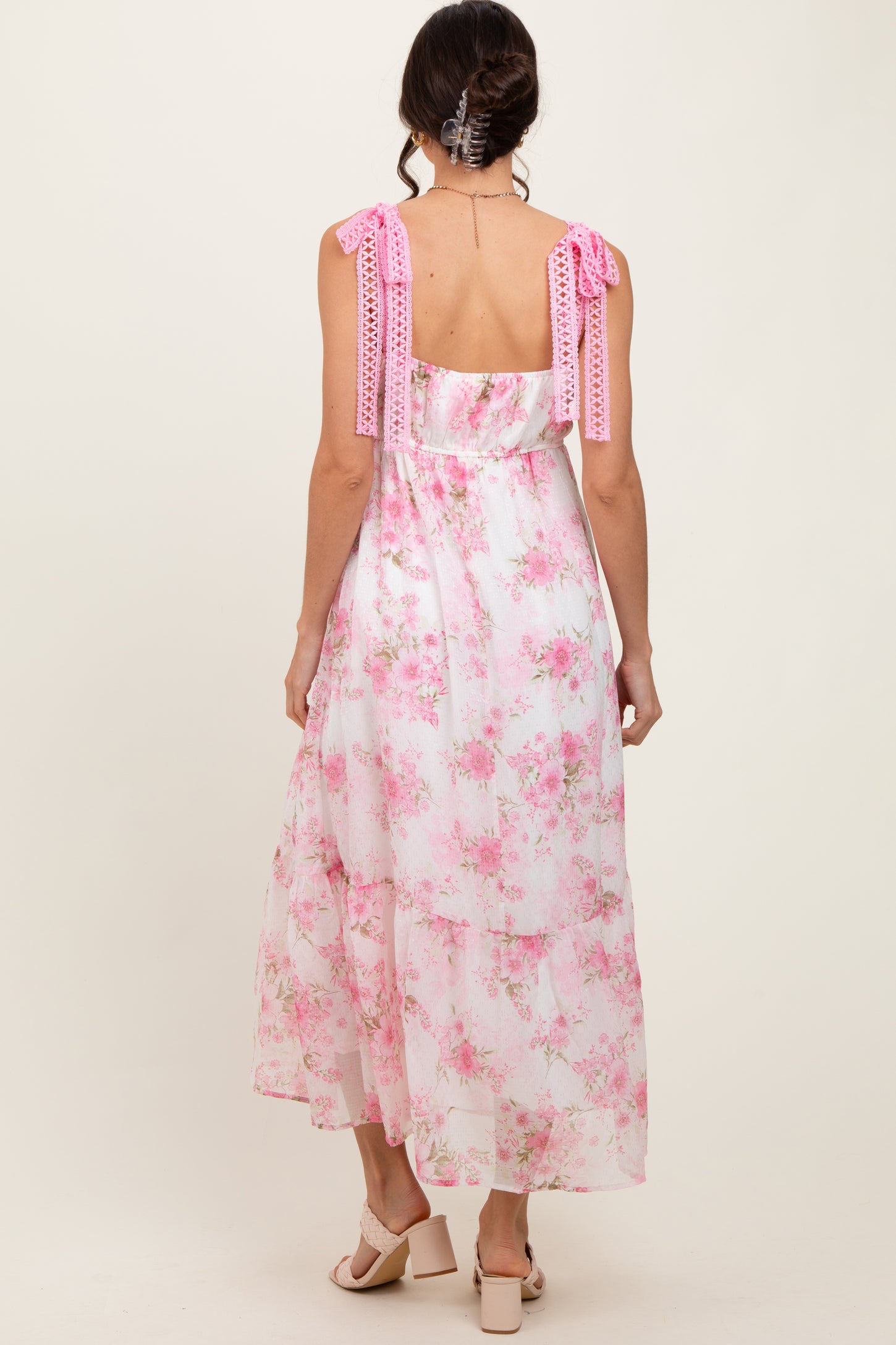 Pink Floral Chiffon Overlay Lace Shoulder Tie Midi Dress