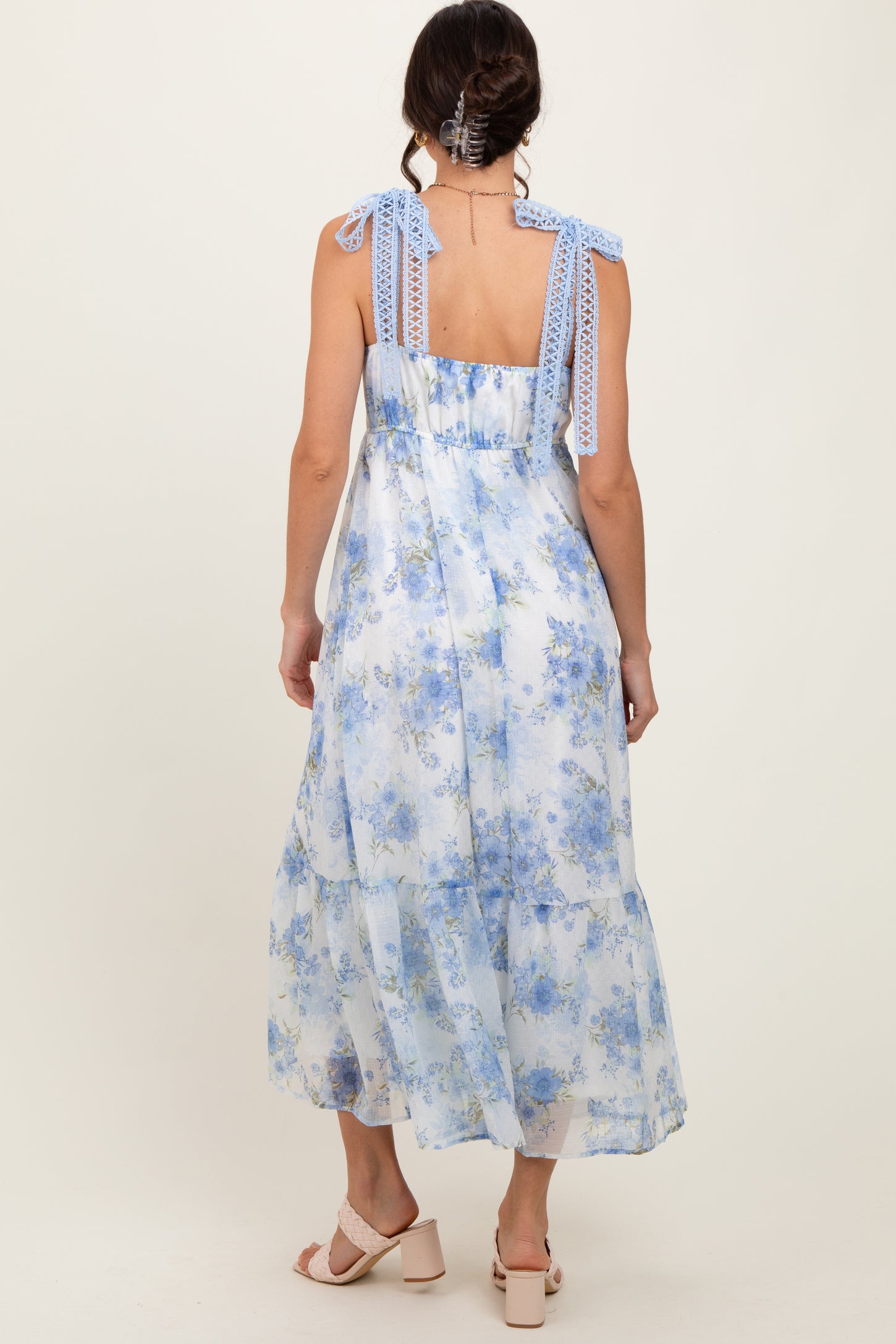 Blue Floral Chiffon Overlay Lace Shoulder Tie Midi Dress