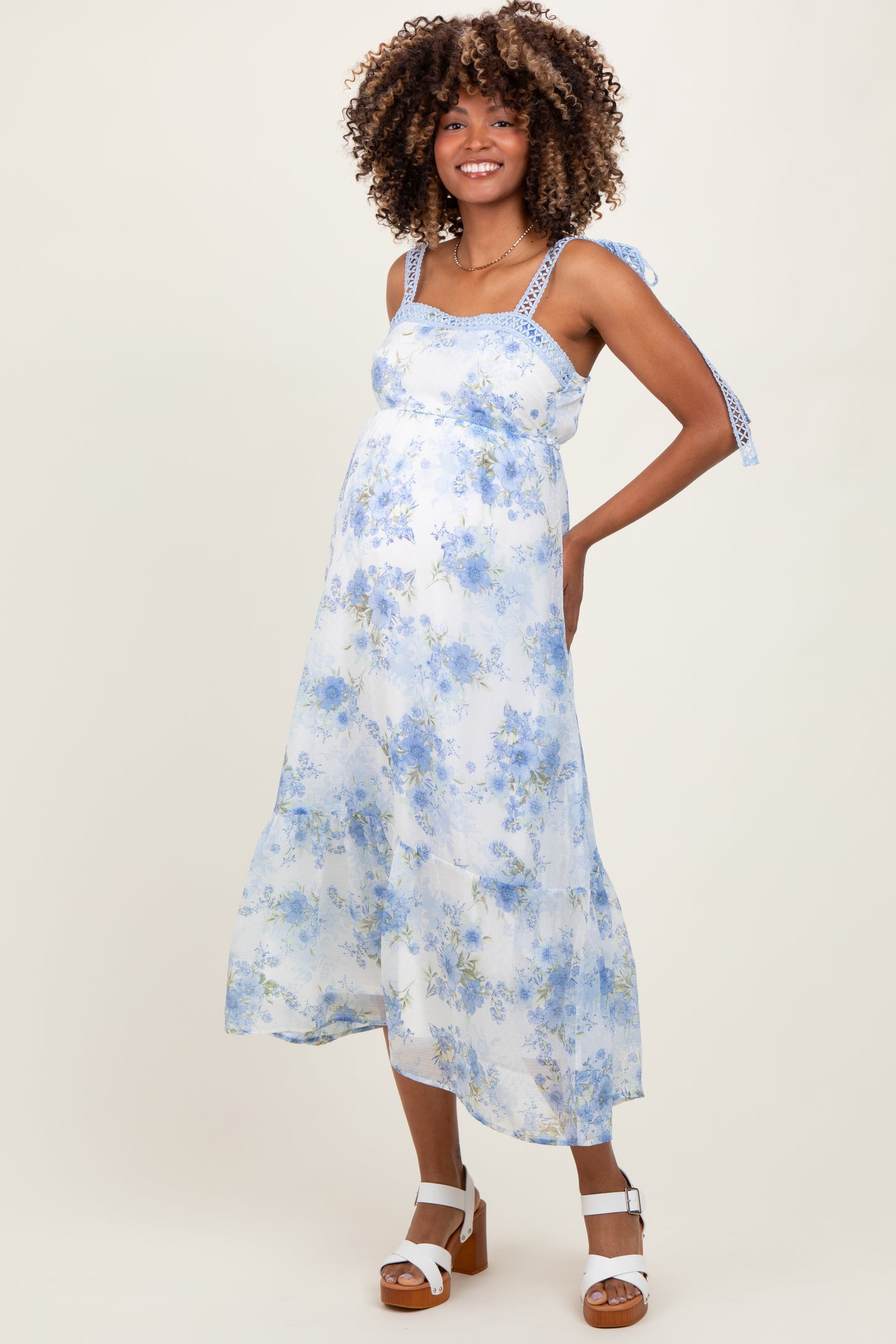 Blue Floral Chiffon Overlay Lace Shoulder Tie Maternity Midi Dress