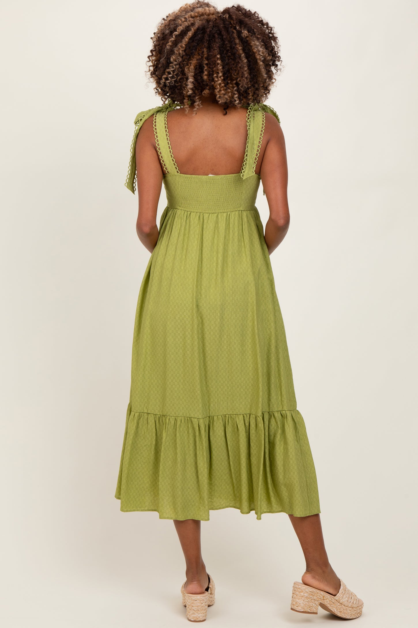 Light Olive Scallop Trim Shoulder Tie Maternity Midi Dress