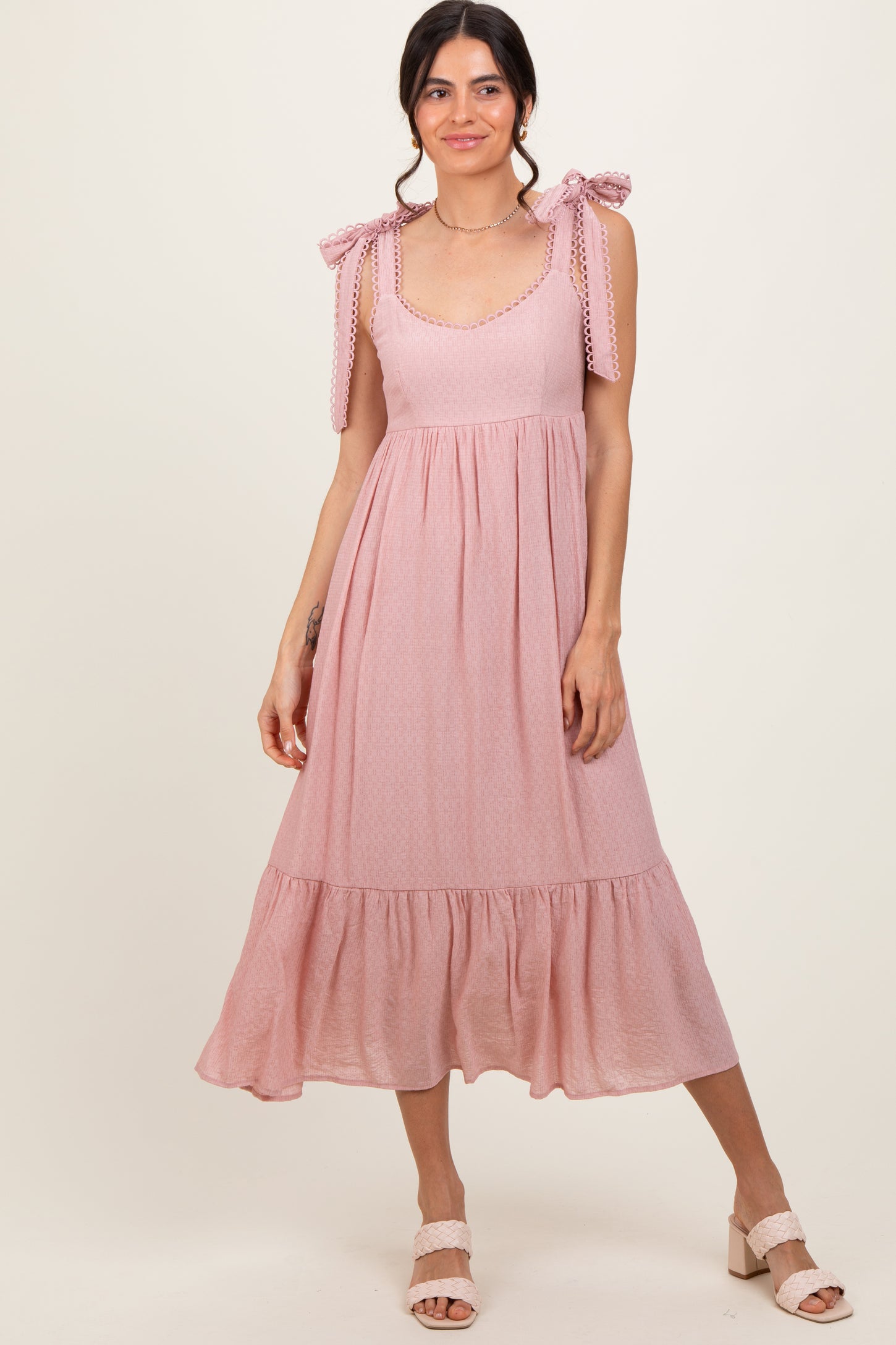 Light Pink Scallop Trim Shoulder Tie Maternity Midi Dress