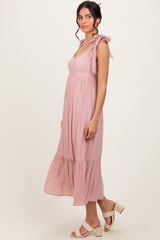Light Pink Scallop Trim Shoulder Tie Midi Dress