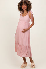 Light Pink Scallop Trim Shoulder Tie Maternity Midi Dress