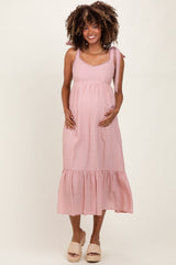 Light Pink Scallop Trim Shoulder Tie Maternity Midi Dress