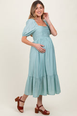 Light Olive Pleated Bodice Puff Sleeve Maternity Midi Dress