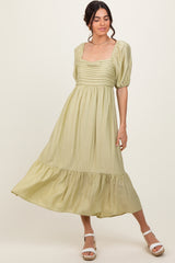 Mint Pleated Bodice Puff Sleeve Midi Dress