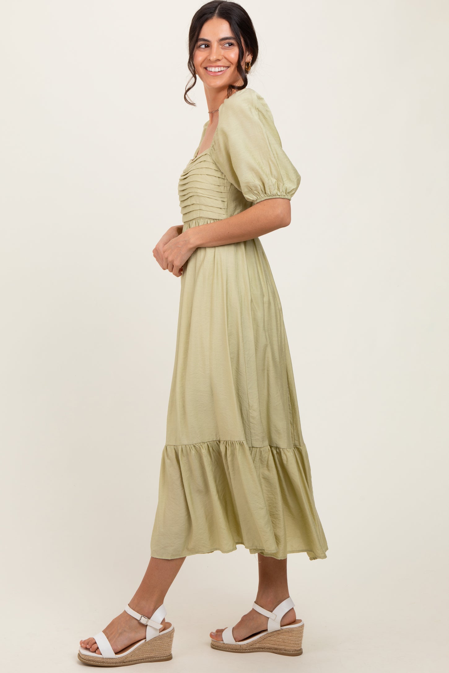 Mint Pleated Bodice Puff Sleeve Midi Dress