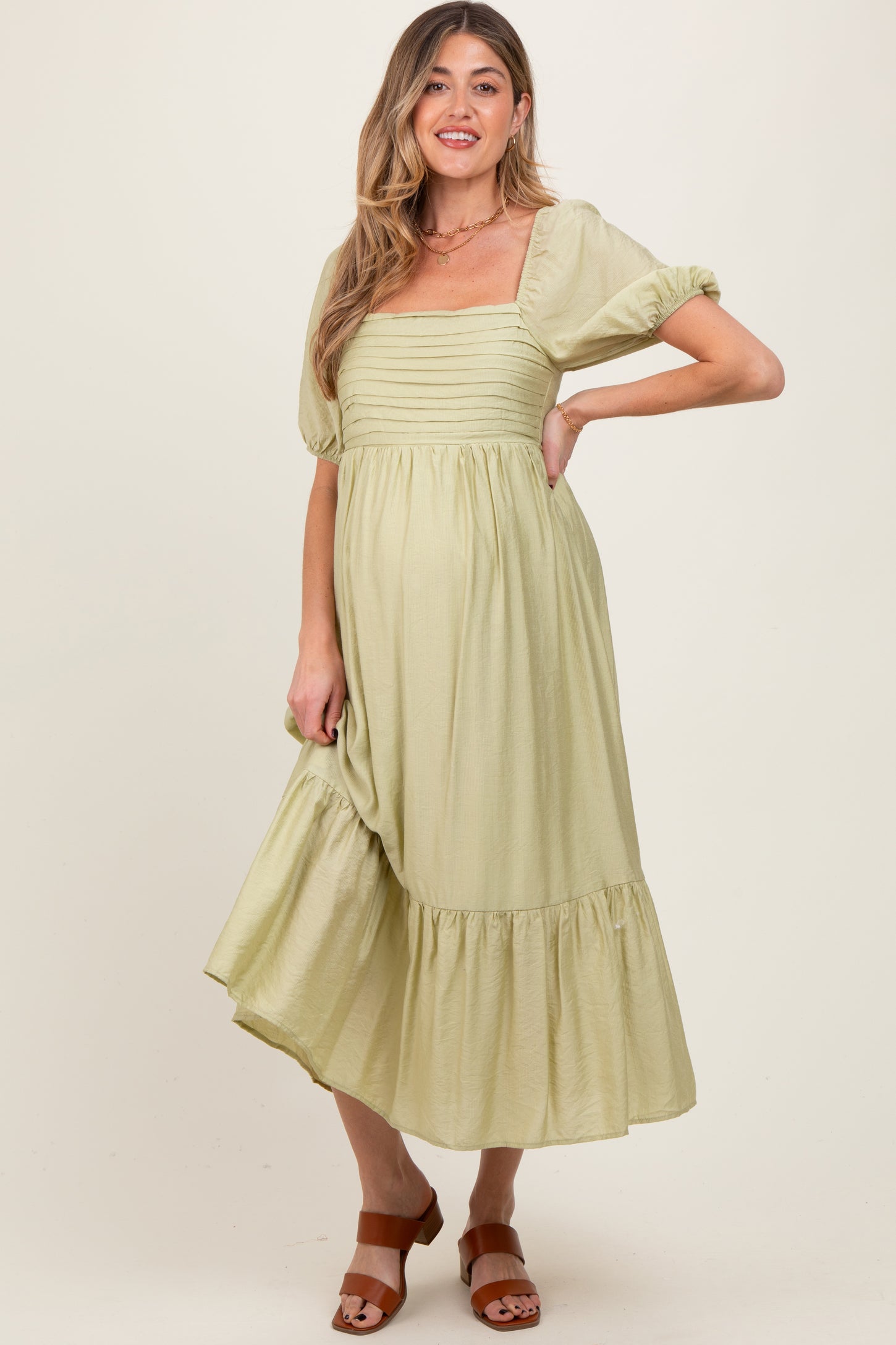 Mint Pleated Bodice Puff Sleeve Maternity Midi Dress