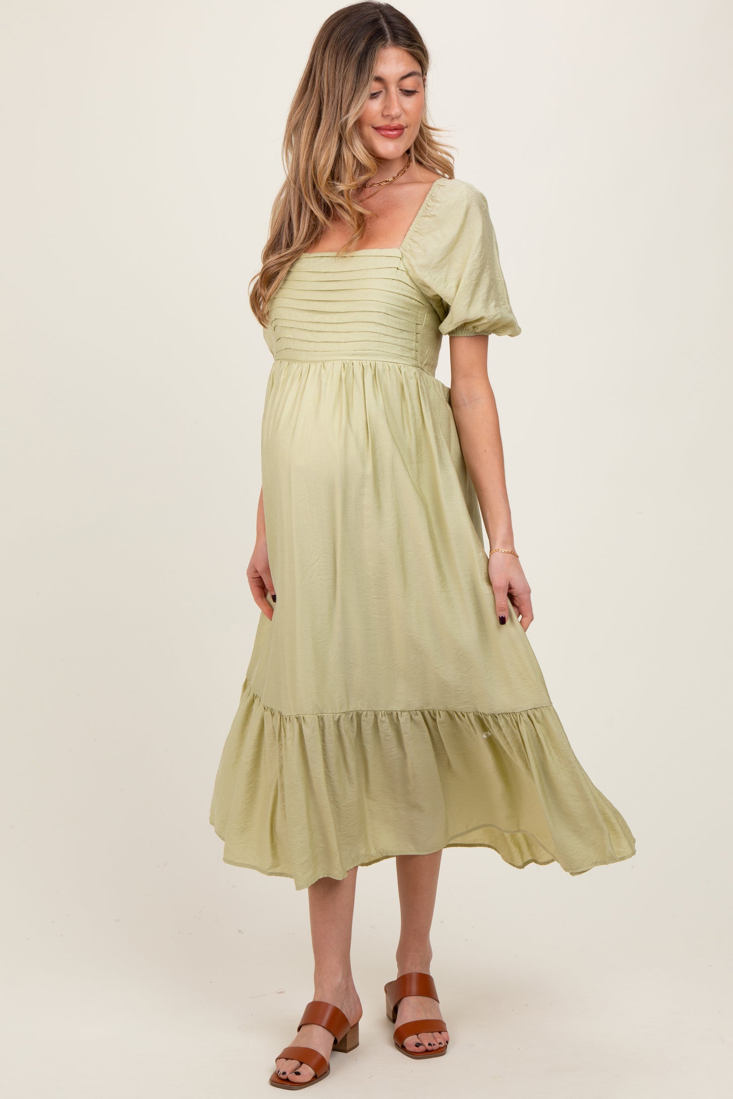 Mint Pleated Bodice Puff Sleeve Maternity Midi Dress