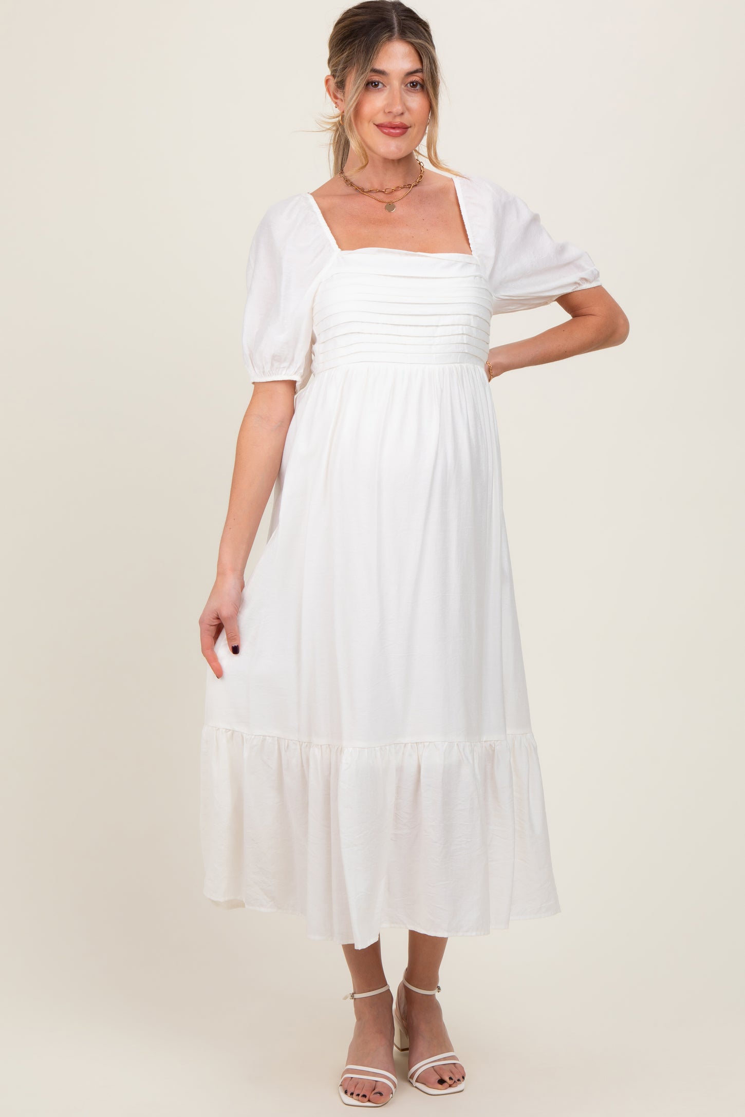 White Pleated Bodice Puff Sleeve Maternity Midi Dress