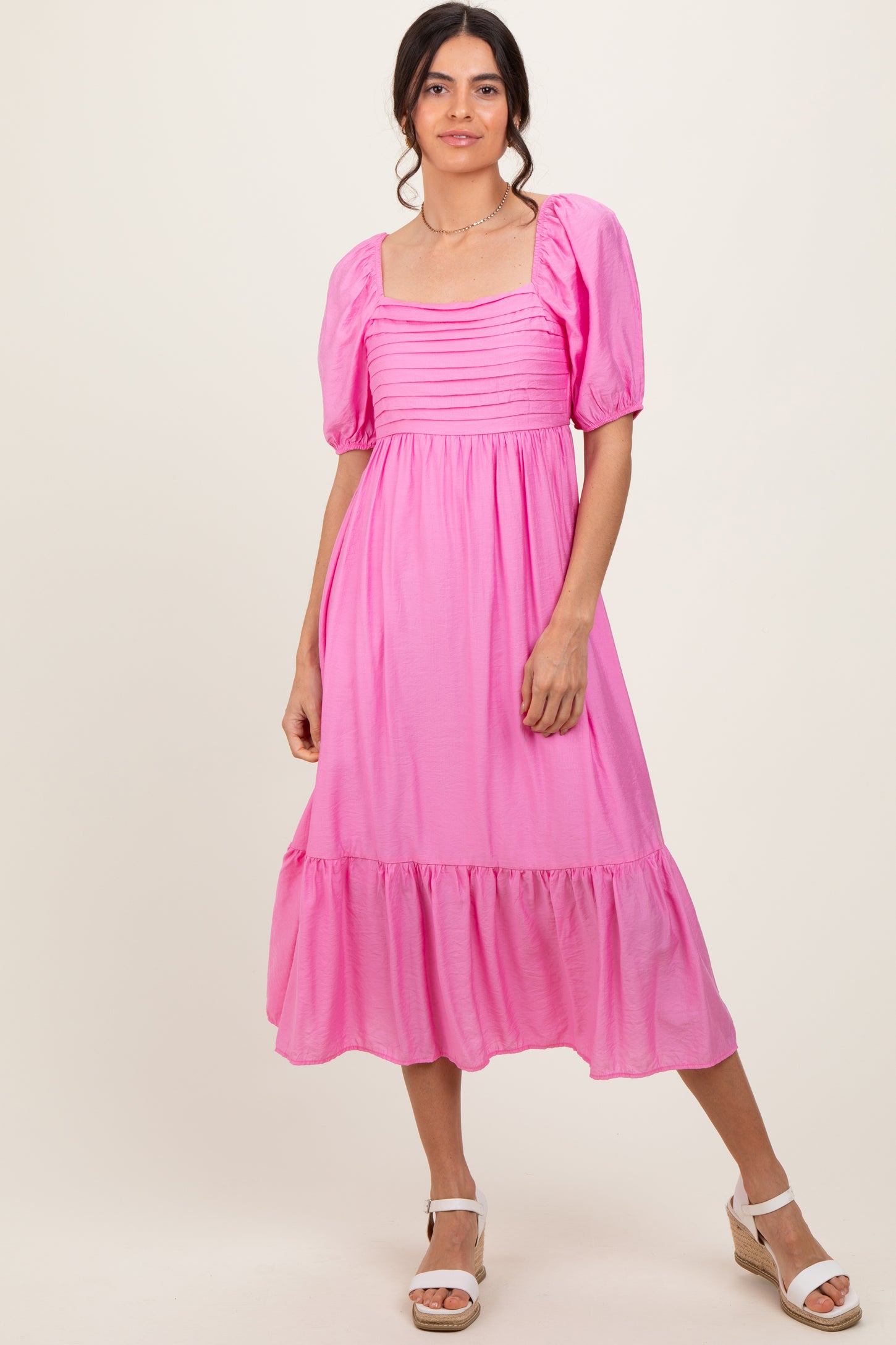 Pink Pleated Bodice Puff Sleeve Midi Dress