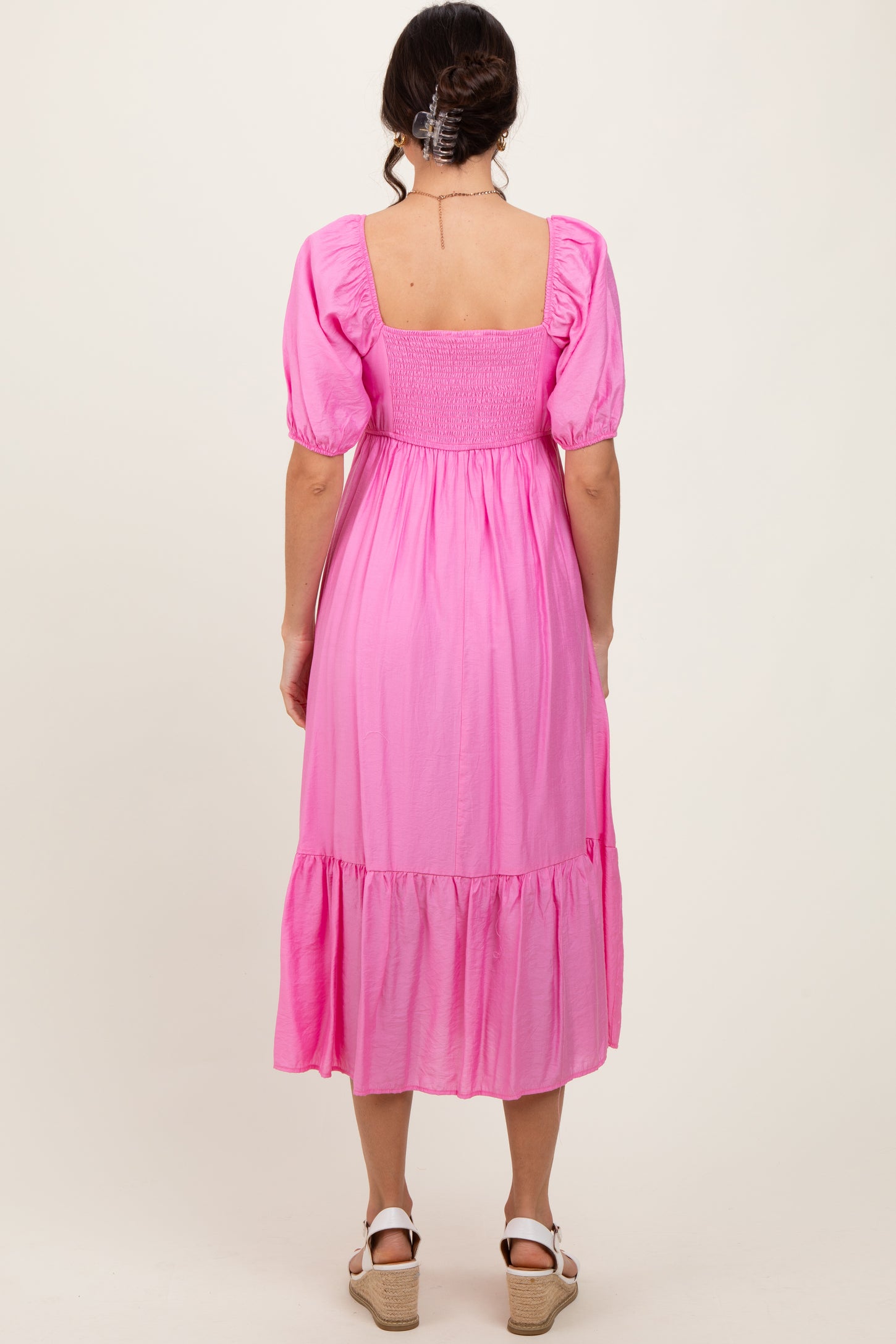 Pink Pleated Bodice Puff Sleeve Midi Dress