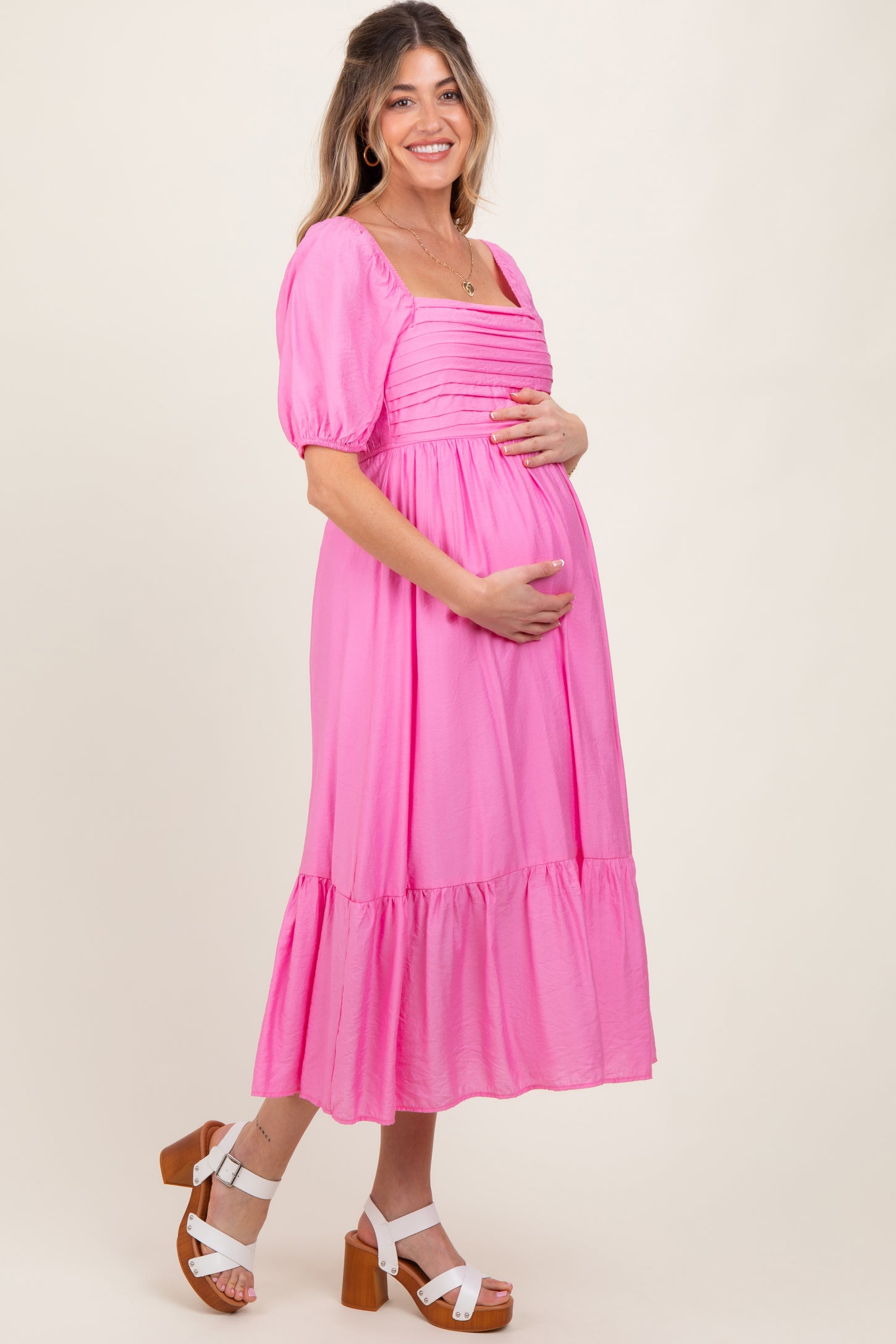 Pink Pleated Bodice Puff Sleeve Maternity Midi Dress