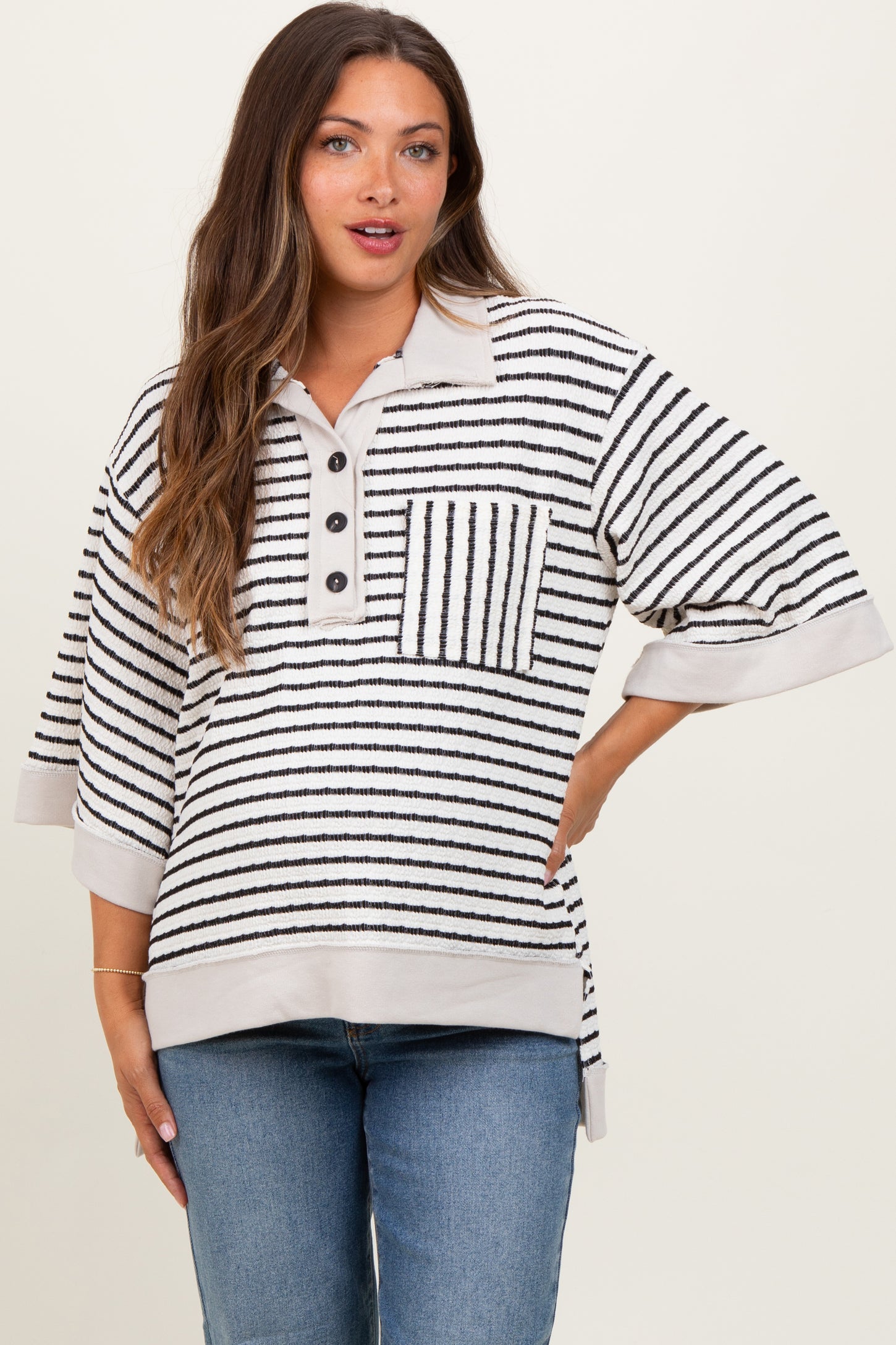 Cream/Black Stripe Button Down Maternity Tunic Top