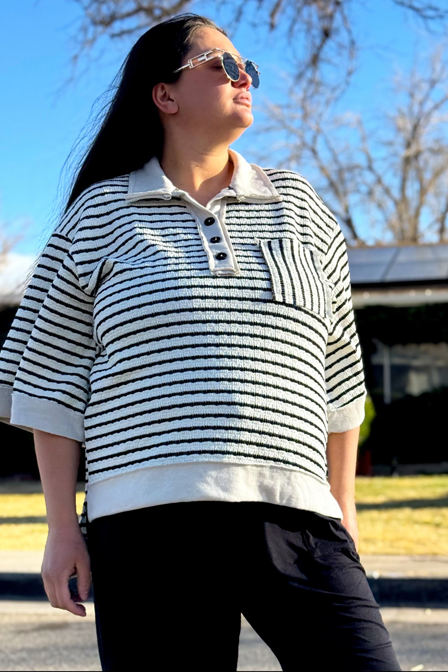 Cream/Black Stripe Button Down Maternity Tunic Top