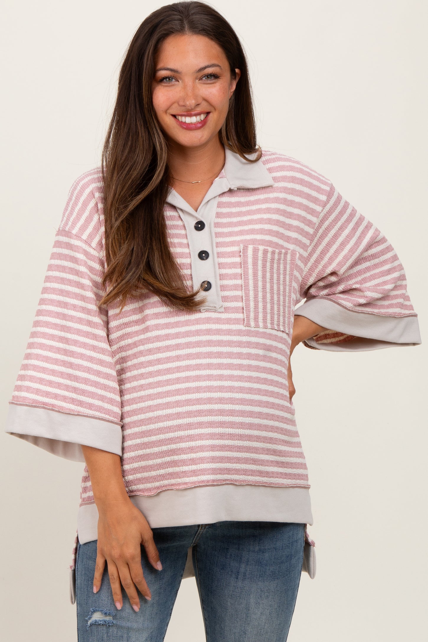 Mauve/Cream Stripe Button Down Maternity Tunic Top