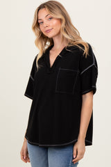 Black Solid Ribbed Collar V-Neck Tunic Top