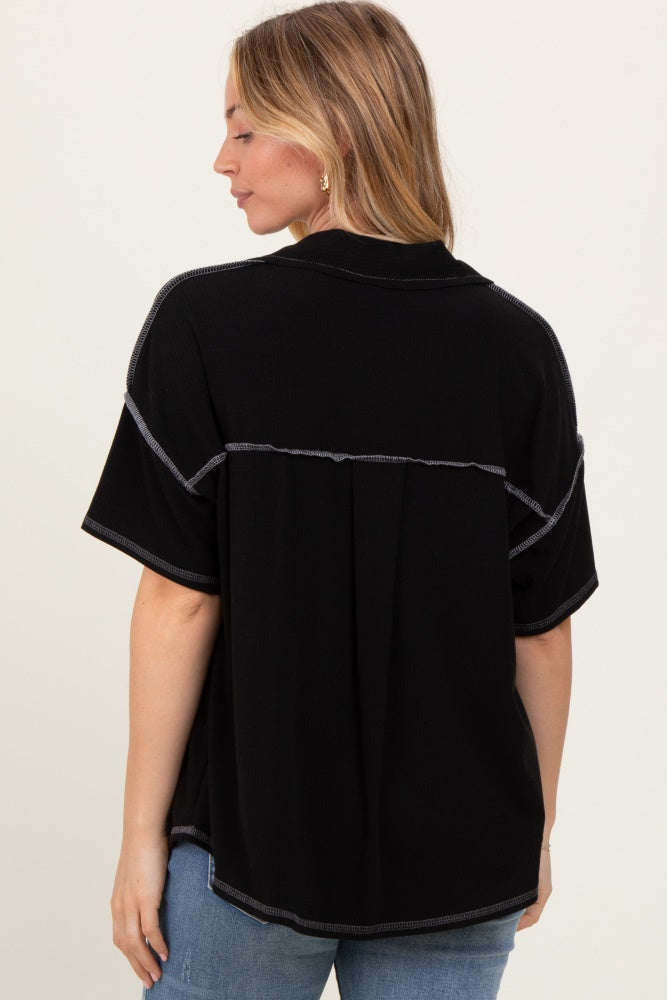 Black Solid Ribbed Collar V-Neck Tunic Top