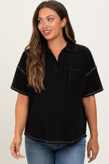 Black Solid Ribbed Collar V-Neck Maternity Tunic Top