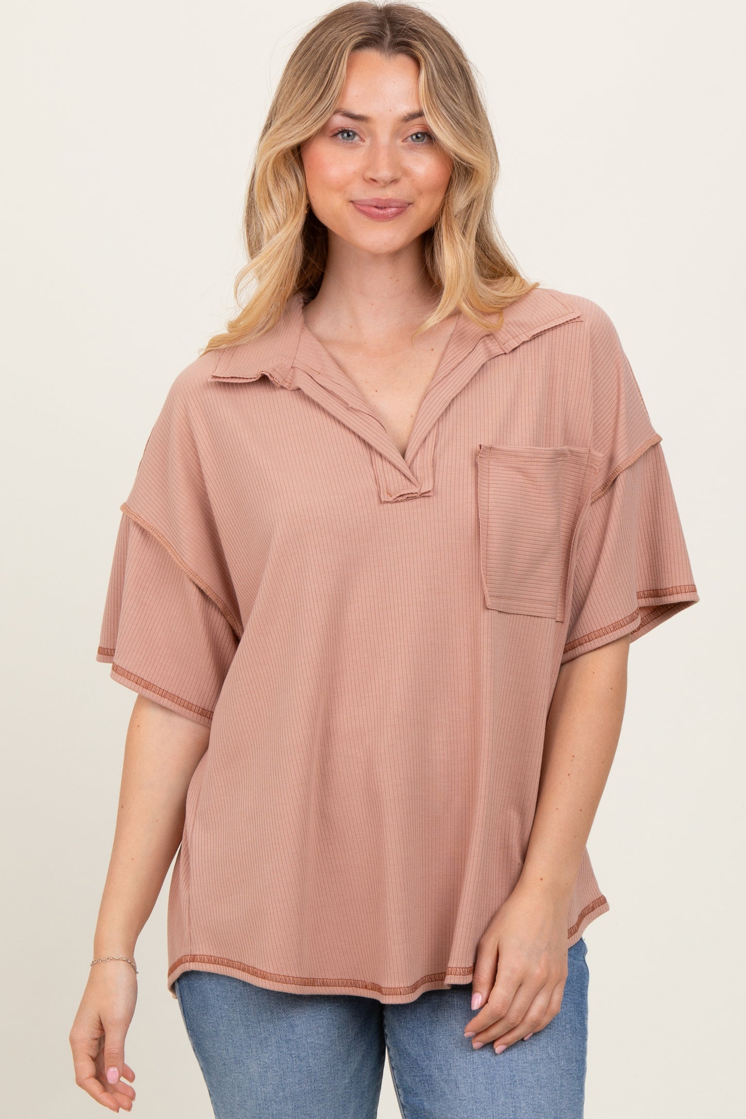 Beige Solid Ribbed Collar V-Neck Tunic Top