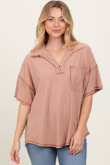 Beige Solid Ribbed Collar V-Neck Tunic Top