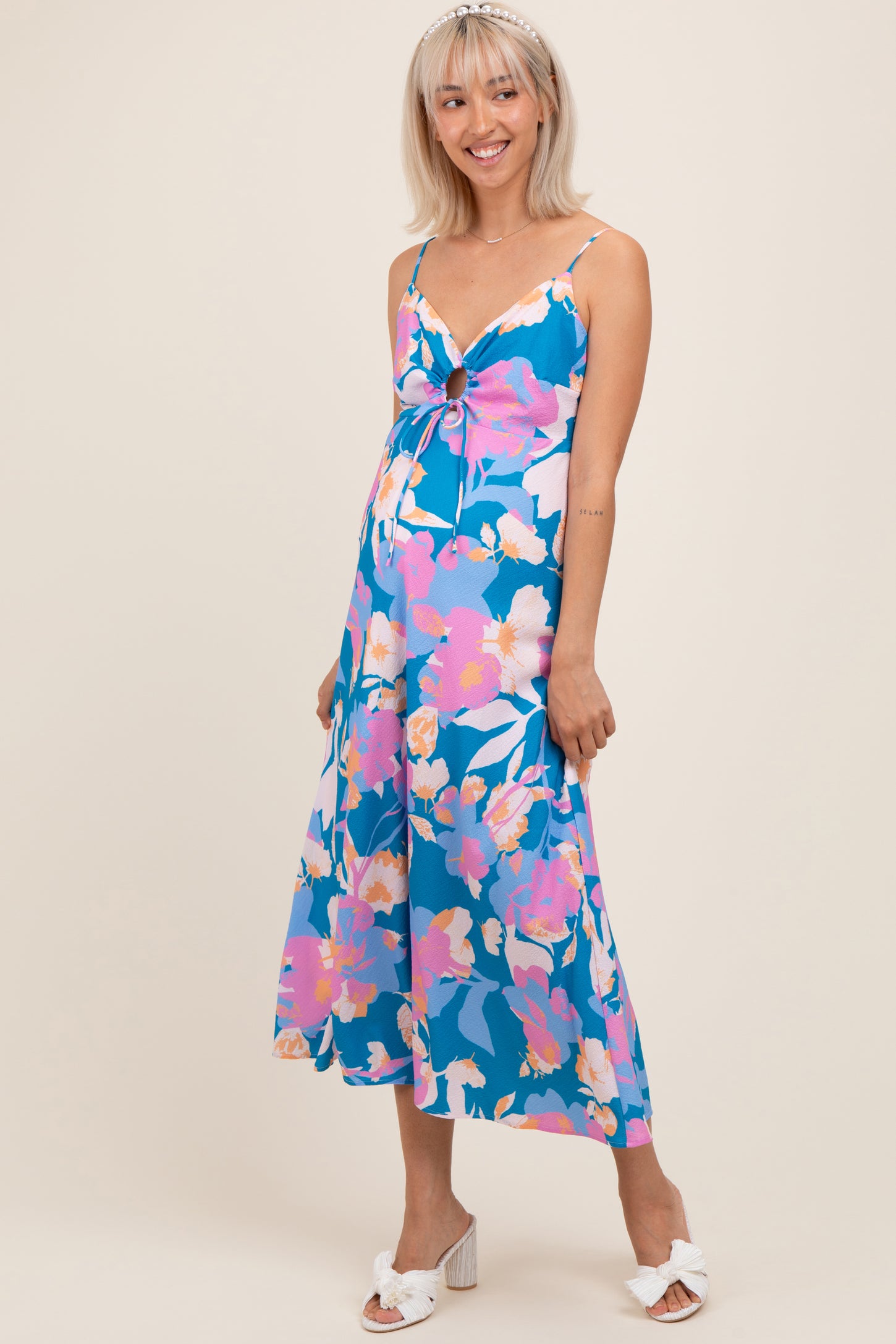 Blue Floral O-Ring Maternity Midi Dress