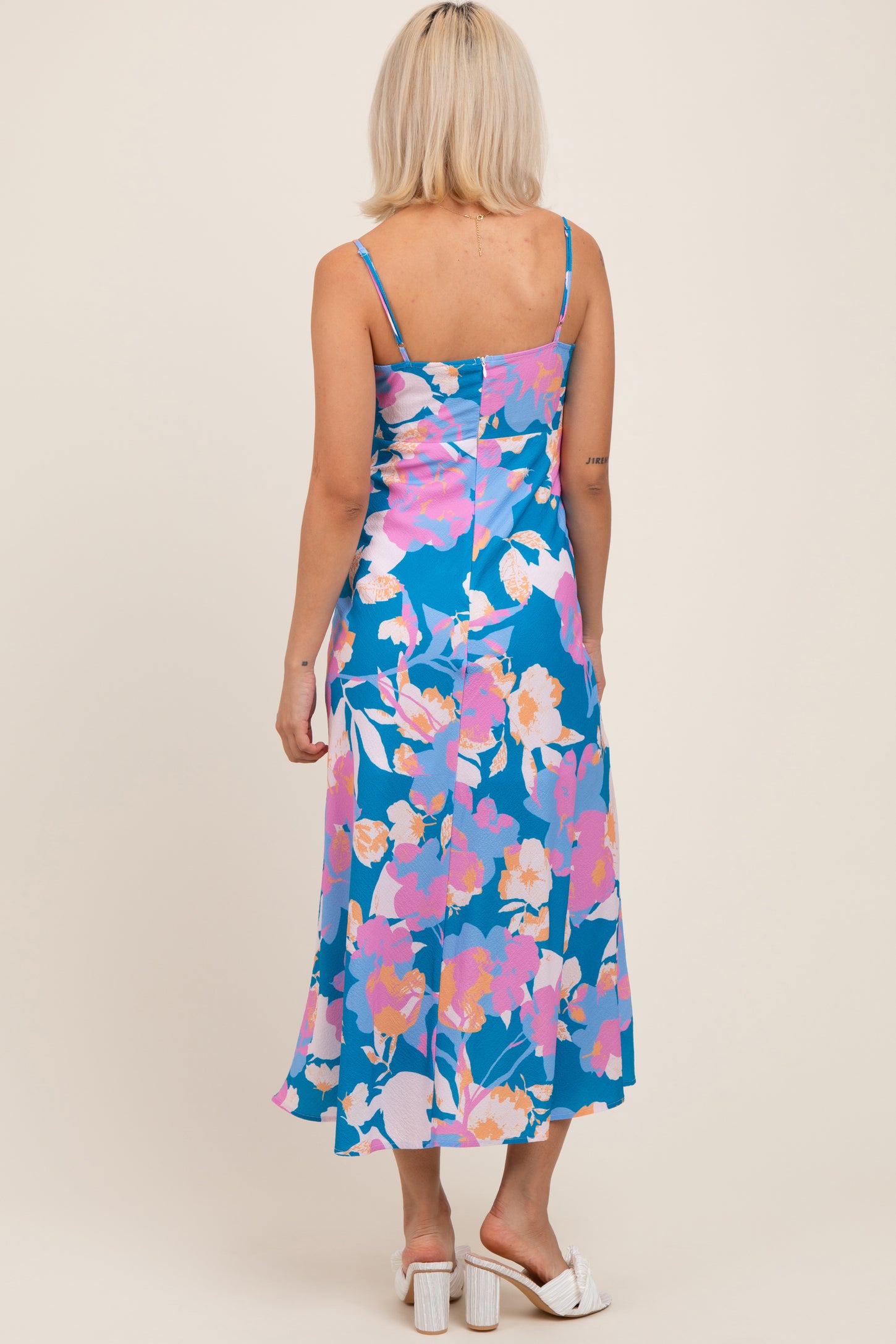 Blue Floral O-Ring Maternity Midi Dress