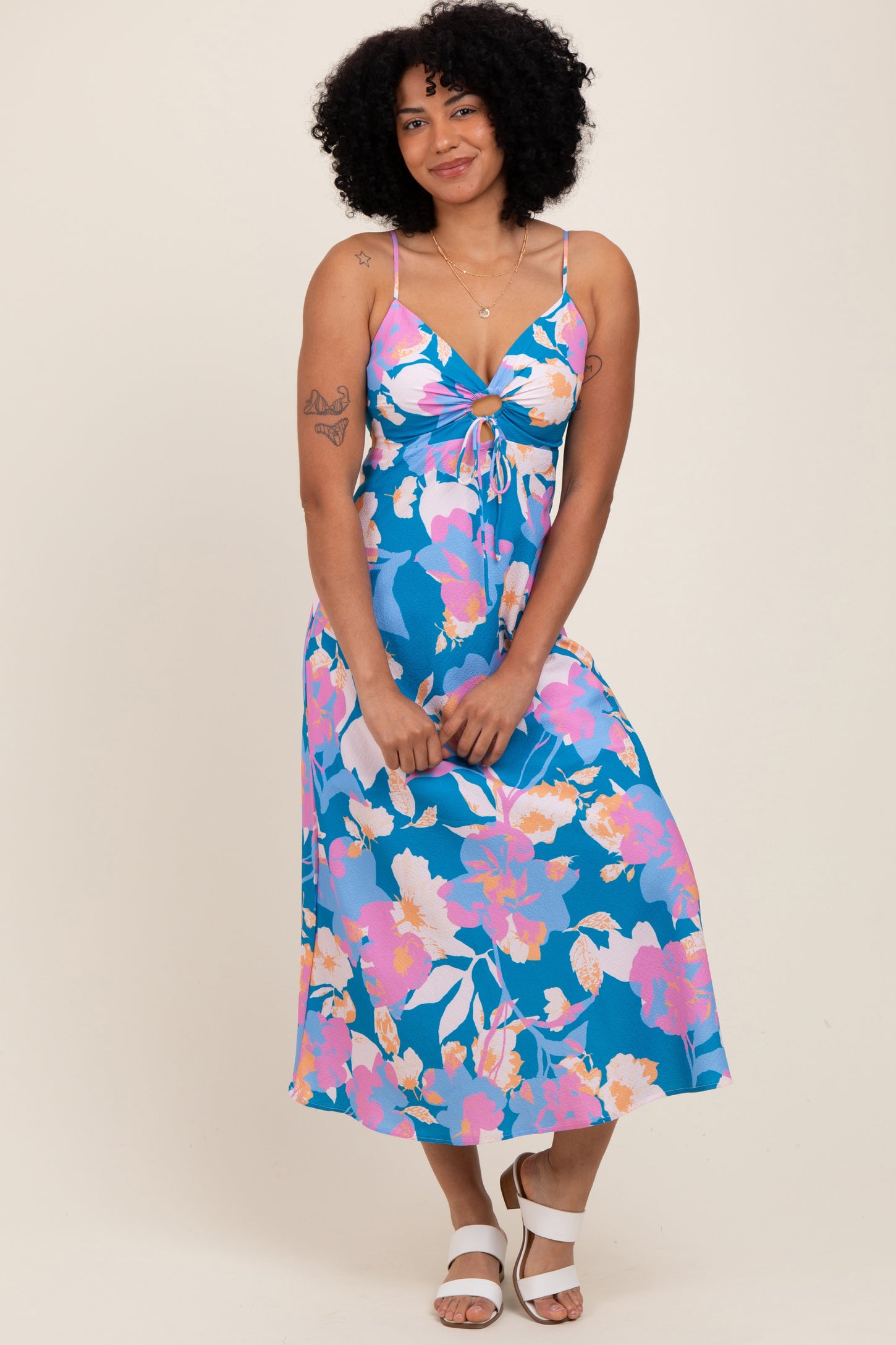 Blue Floral O-Ring Midi Dress