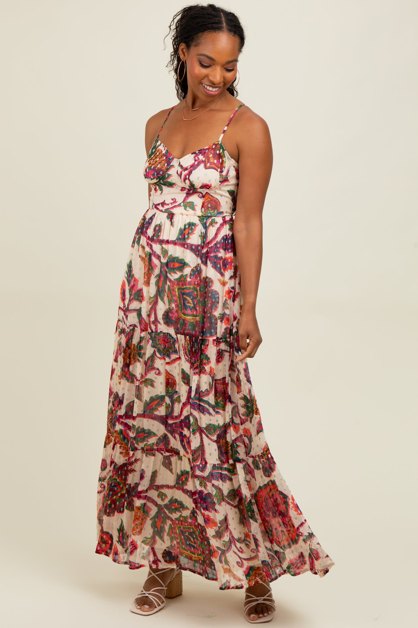 Cream Floral Back Cutout Tie Back Maternity Maxi Dress