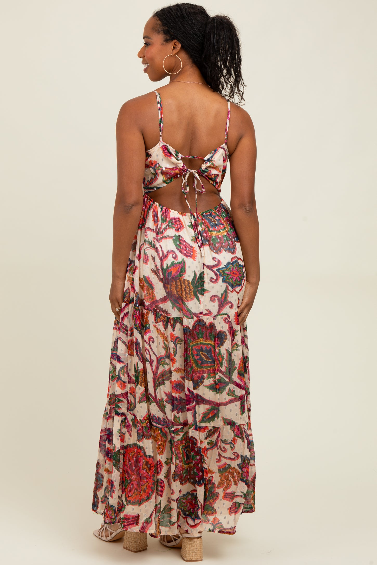 Cream Floral Back Cutout Tie Back Maxi Dress