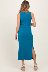 Teal Ribbed Maternity Side Slit Tank Dress