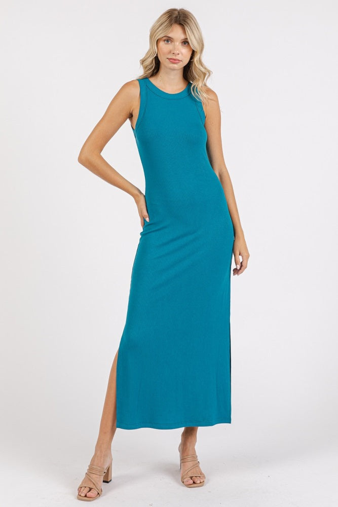 Teal Ribbed Side Slit Tank Dress