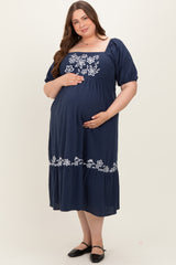 Navy Embroidered Floral Square Neck Maternity Plus Maxi Dress