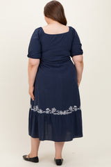 Navy Embroidered Floral Square Neck Maternity Plus Maxi Dress
