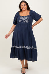 Navy Embroidered Floral Square Neck Plus Maxi Dress