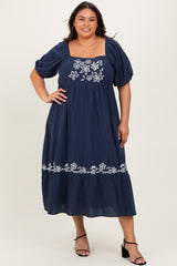 Navy Embroidered Floral Square Neck Plus Maxi Dress