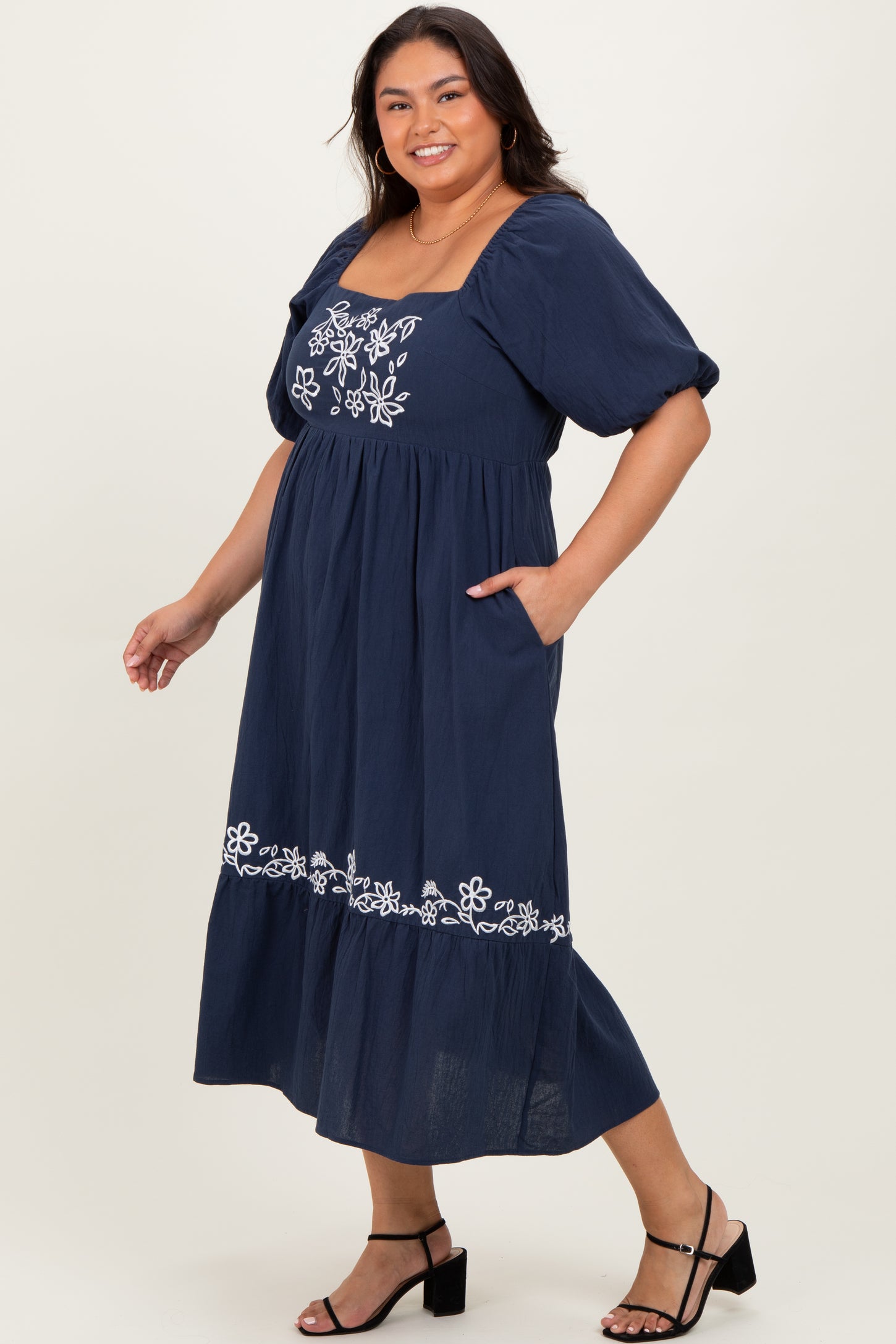 Navy Embroidered Floral Square Neck Plus Maxi Dress