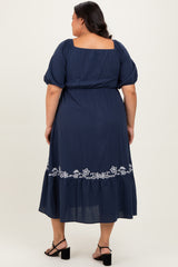 Navy Embroidered Floral Square Neck Plus Maxi Dress